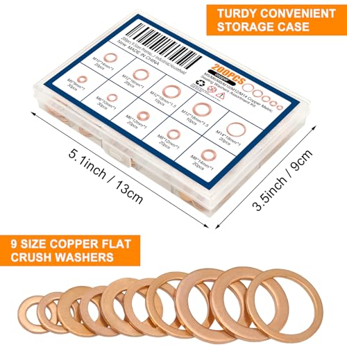 200pcs 9 Sizes Premium Copper Metric Sealing Crush Washers Assortment Kit,Flat Sealing Washer M5 M6 M8 M10 M12 M14,Flat Ring Sump Plug Oil Seal Gasket Sealing Fitting Washers for Industrial,Household
