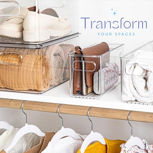 Plastic Food Storage 6 Pack Clear Container Bin with Handles for Organizing Kitchen, Pantry, Refrigerator, Freezer, Pantry, Cabinet, Closet, Bathroom. 10”x4”x5” - size: 10x4x5