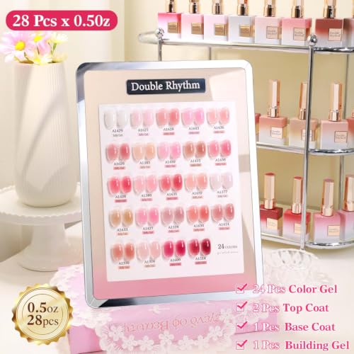 Double Rhythm 28Pcs 0.5Oz Gel Nail Polish Set Same Color Same Bottle Gel Polish Kit Nail Art Manicure Salon DIY at Home for Women (Jelly Sheer Clear Collection-T24-8) - color: Milky Jelly Nude Pink