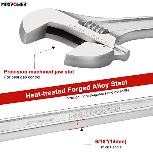 MAXPOWER 18" Adjustable Wrench, 2-1/8" Jaw Opening, Tapered Handle | Adjustable Spanner with SAE/Metric Scales, Polished Finish, and Comfort Grip – Perfect for Plumbing, Nuts, and Pipes - size: 18"