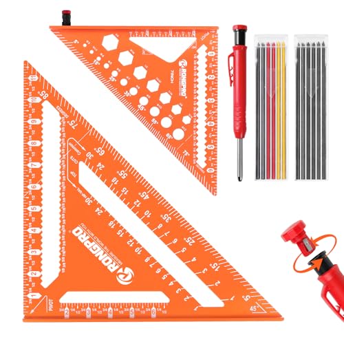2pcs Rafter Square, 12-inch & 7-inch Carpenter Sqaure Set withWoodworking Pencil, Carpenter Measuring Layout Tool,Aluminum Alloy Triangle Ruler for Woodworking- Imperial - size: 7+12 inch