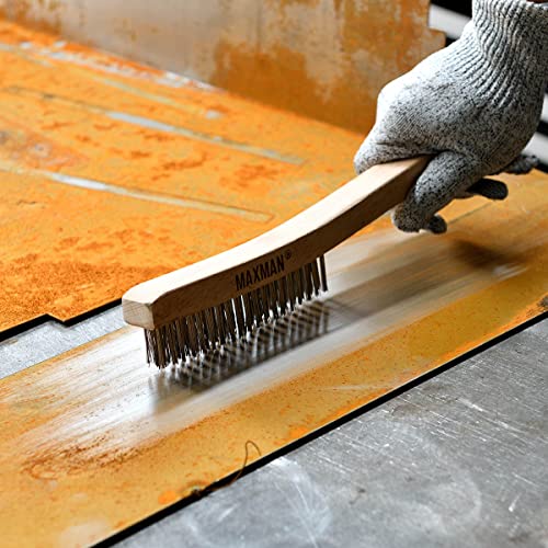 MAXMAN Wire Brush, Heavy Duty Carbon Steel and Stainless Steel Wire Brushes for Cleaning Rust, Grill, Paint Removal, Welding, Stiff Bristle Metal Brush with 14" Long Beech Wood Handle, Large, 2Pcs - style: 1 Stainless Steel Brush+ 1 Carbon Steel Brush