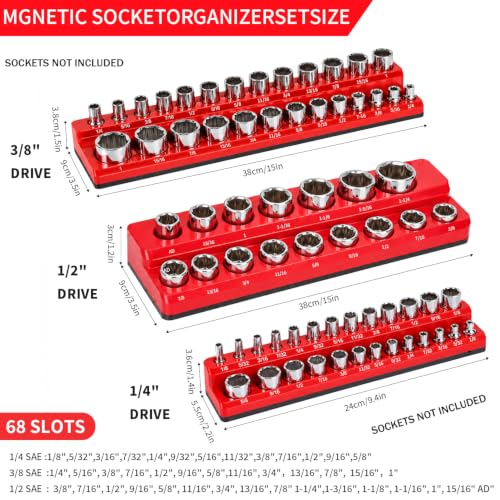 3PCS Magnetic Socket Organizer, Red SAE Socket Tray