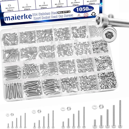 304 Stainless Steel 1050PCS M1.4 M1.6 M2 M2.5 Knurl Socket Head Cap Screws Hardware Kit Hex Socket Head Cap Bolts, Nuts & Washers Assorted Set for DIY, 3D Printer - size: 1050pcs