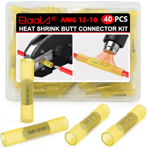 BAALA 40 PCS 12-10 Gauge Heat Shrink Butt Connectors Butt Splice Connector Marine Grade Waterproof Wire Butt Connectors Crimp Tinned Copper Wire Splice Connector