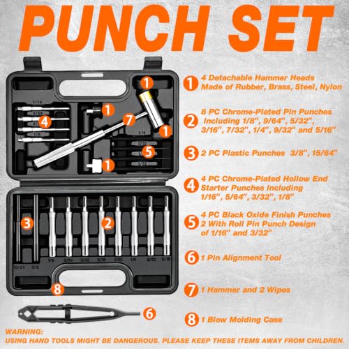 BESTNULE 25pc Punch Set and Hammer, Roll Pin Punch Set with Bench Block - size: 25-piece set