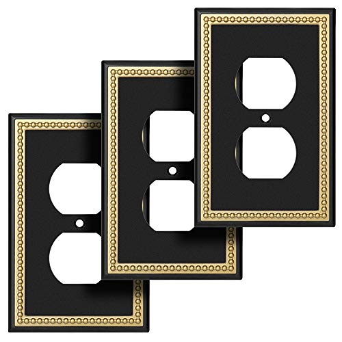 Pearled Frame Decorative Wall Plate Switch Plate Outlet Cover (Single Duplex 3PK, Black & Dark Golden) - style: Single Duplex 3PK
