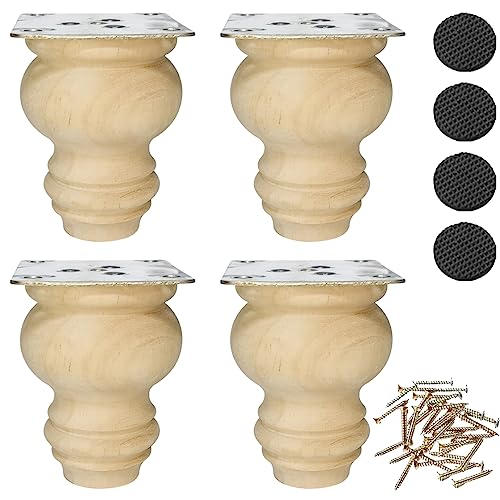 3 Inch Wooden Furniture Legs, Solid Wood Unpainted Replacement Furniture Legs, Cabinet Legs/Desk/Sofa/Bookcase Bun Feet, DIY Wooden Round Legs with Mounting Plate & Screws Set of 4 - size: 3 Inch