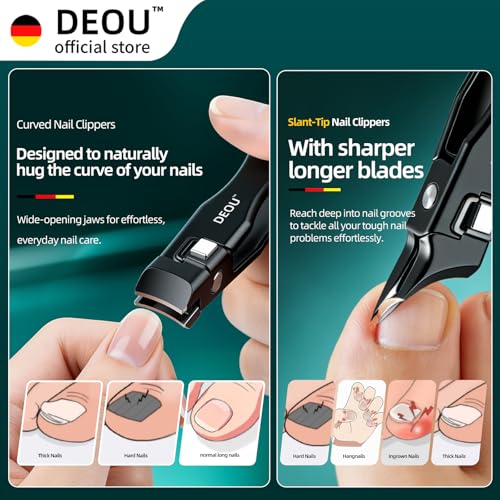 DEOU Nail Clippers Set, Stainless Steel Manicure Kit for Thick Hard Ingrown Nails, Anti-Splash with Nail File, Portable Keyhole Design, Gift Box for Home Travel (Black, Diagonal Cut + Straight Cut) - color: Black, Diagonal Cut + Straight Cut