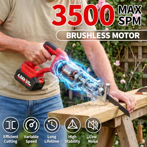FULLYEA Reciprocating Saw Cordless, 3500 SPM Brushless Reciprocating Saws, Tool-Free Blade Change, Power Reciprocating Saws with 2*4.0Ah Battery & Charger, Cordless Saw for Wood/Metal/Plastic Cutting
