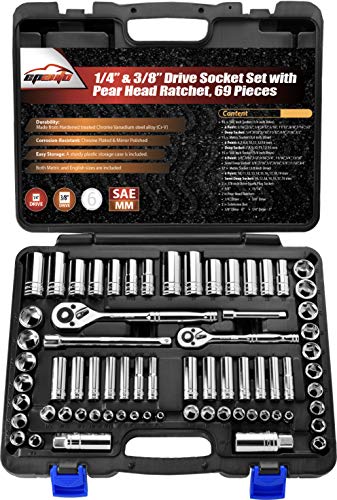 EPAuto 69 Pieces 1/4-Inch & 3/8-Inch Drive Socket Set, Pear Head Ratchet - size: 69 Pieces