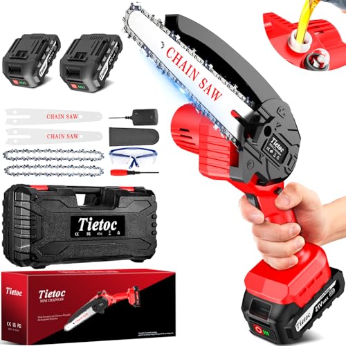 Tietoc Mini Chainsaw 6-Inch with 2 Batteries, Electric Saw, Stocking Stuffers Christmas Birthday Gifts Present for women mom wife Adults, Cool Gadgets 2025 - color: Red - 6 Inch