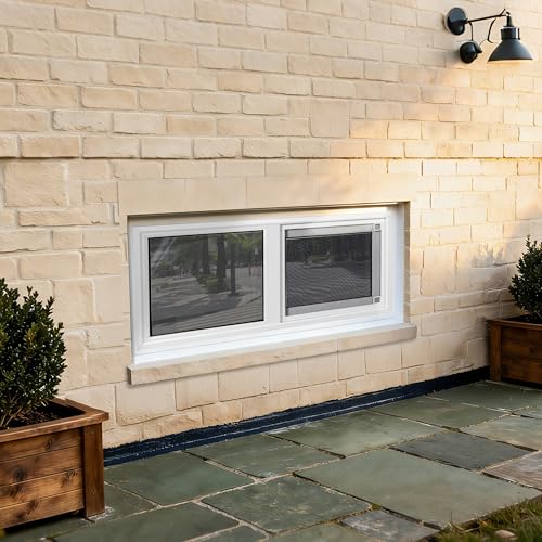 Vinyl Basement Window, Bathroom Sliding Window 32" x 18" White | Double Pane Insulated Tempered Glass and Fiberglass Screen for Basement, Bathroom, Shed - size: 32x18 IN