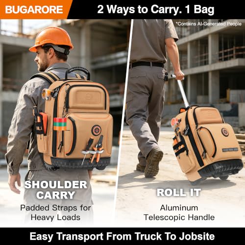 Rolling Tool Backpack with Wheels, 16" Heavy Duty Tool Bag with Molded Base - color: Brown