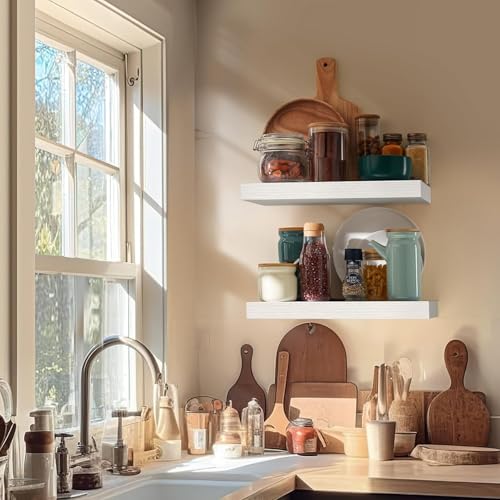 AMADA HOMEFURNISHING Floating Shelves Wall Mounted, 15 x 7 Inch Wall Shelves for Bathroom, Bedroom, Living Room, White Shelves Set of 2 | Wall Shelves with Hidden Bracket, Solid MDF Wood, 22 lbs Max Load per Shelf, Easy to Assemble, Multi-Wall Compatible