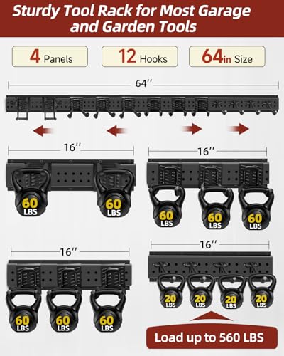 Garage Tool Organizer Wall Mount, 64in Tool Rack, 560LBS Capacity - size: 64" 4 Panels & 12 Hooks