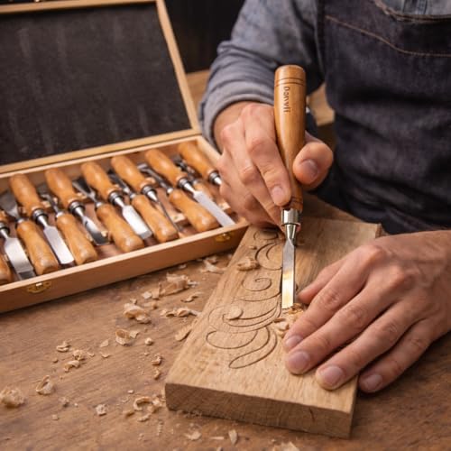 12-Pieces Wood Carving Tools Set – Professional Carving Chisel with Razor Sharp CRV-60 Steel Blades and Wooden Handles in a Wooden Storage Case- Wood Carving Kit