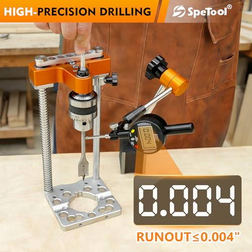 SpeTool Portable Drill Guide with Liner Ball Bearings, 0.004" High Precision Drill Guide for Straight Holes, All-Aluminum Base, Spring-Assisted Portable Drill Press for Woodworking & DIY, S04003