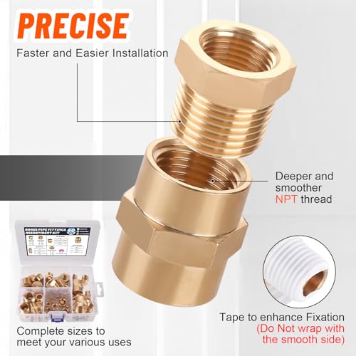 60Pcs Brass Pipe Fittings Assortment Kit,1/8" 1/4" 3/8" 1/2" NPT | Reducer Bushing,Hex Nipple,Reducing Hex Coupling,Hex Heand Plug,End Cap and Socket Plug Fitting Kit