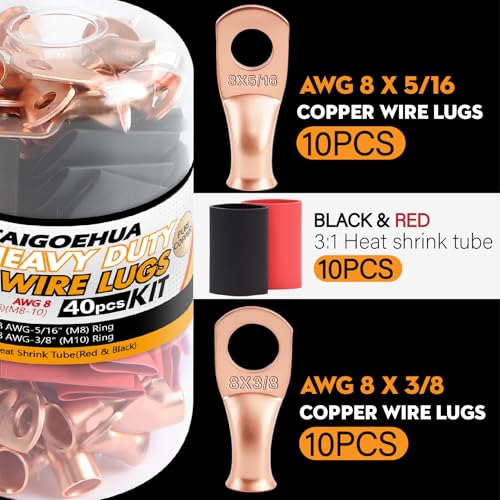 40PCS (8 AWG-3/8(M10) 5/16(M8)) Battery Cable Copper Wire Lugs Ends,Battery Terminal Connectors with pcs 3:1 Heat Shrink Tubing (Red & Black) kit - color: AWG-8
