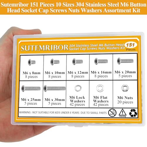 151 Pieces M6 Screws Nuts Washers Set, Sutemribor M6 x 8/10/12/16/20/25/30mm Button Head Socket Cap Screws Nuts Washers Assortment Kit, 304 Stainless Steel, Fully Threaded - size: M6, style: Button Head Socket Cap