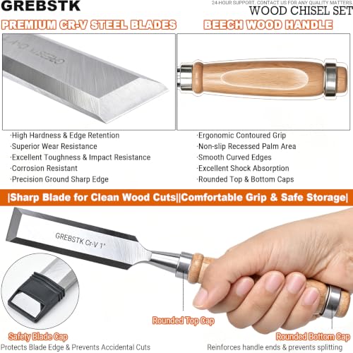 GREBSTK 4 Piece Wood Chisel Set CR-V Steel Sharp Bevel Edge for Woodworking