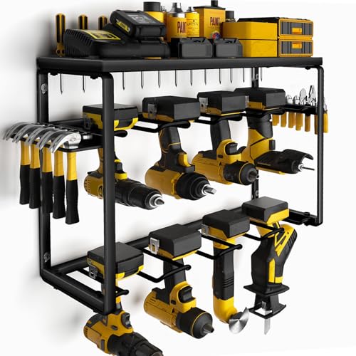 Spampur Power Tool Organizer, 8 Drill Holders Wall Mount, 3 Layer Heavy Duty Metal Storage for Garage Organization, Tools Storage with Hooks, Screwdriver Hammer Holder, Father's Day Mens Birthday Gift | Garage Organization, Tools Storage with Hooks, Screw