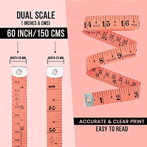 Flexible Tape Measure Pack of 2, Accurate Dual Scale Standard & Metric Measurements Tape,Soft Measuring Tape for Body, Weight Loss Sewing Tailor Craft Ruler 150cm/60 inch - color: Peach / 2 Pack