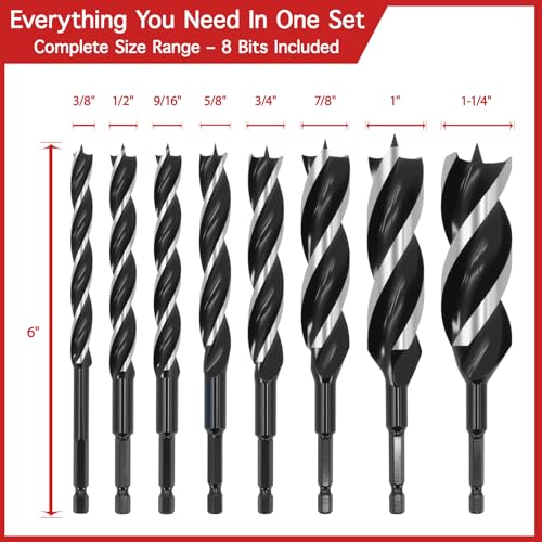 Auger Drill Bit Set for Wood – 8pcs Hex Shank Wood Drill Bits with Patented 3-Cutter Head, 6" Long, 3/8" to 1-1/4", Precision Woodworking Bits with Wooden Storage Box - size: 3/8"-1-1/4" x 6", 8 Pcs