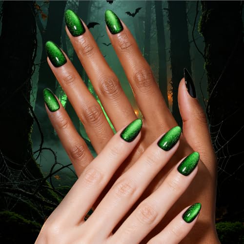 Beetles Halloween Press On Nails, Green Cat Eye Short Almond, 32 Pieces - color: 3B - Midnight Moss - S