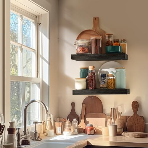 Amada 15 Inch Floating Shelves with Invisible Brackets, Set of 2, Black | Wall Shelves with Hidden Bracket, Solid MDF Wood, 22 lbs Max Load per Shelf, Easy to Assemble, Multi-Wall Compatible - color: Black, size: 15 inches