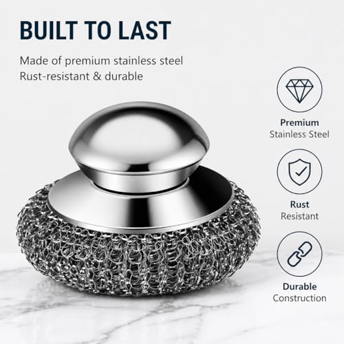Steel Wool Scrubber, 6-Pack Stainless Steel Scrubber Pads with Handle - The Ultimate Scouring Solution for Rust, Stubborn Messes on Cookware, Grill, Oven & Kitchen Sinks - size: 2 Handle+4 Pads