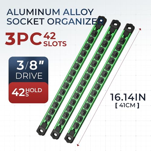 Reniteco Magnetic Socket Organizer Set, 3-Pack 3/8” Socket Rails - color: Green, size: 3/8-Inch Drive,3pc