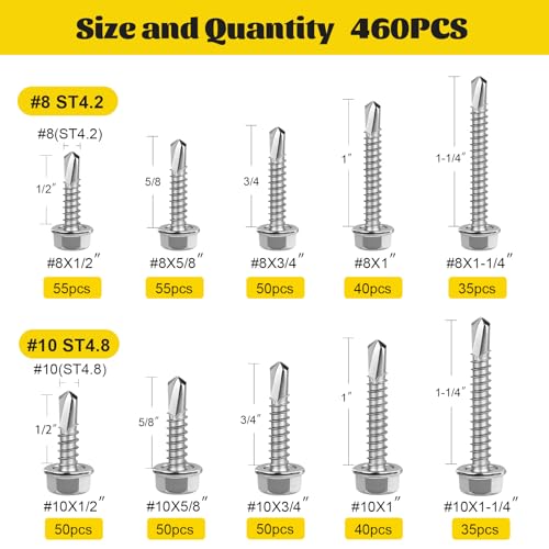 460Pcs #8#10 Hex Washer Head Self Tapping Sheet Metal Screws Kit - size: 460pcs #8#10 Silver