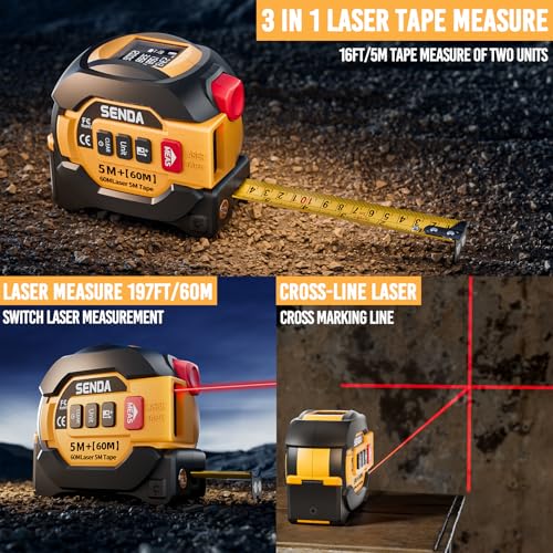 SENDA 3-in-1 Laser Tape Measure - 197Ft Digital Measuring Tape with Led Display&16Ft Measuring Tool with Magnetic Hook & Auto Lock - Pythagorean, Area, Volume, Ft/Ft+in/in/M Unit,AAA Battery*2, Yellow - color: Yellow(Battery Model), size: 197 FT