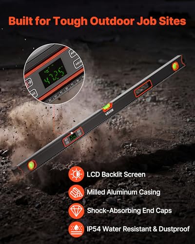 VEVOR Digital Level, 48 in Length, Magnetic Electronic Level with LED Backlit Display, 360° Electronic Leveler Tool with 0°/45°/90° Bubble Vials, IP54 Rating for Construction Carpentry Home Renovation - size: 48 inch Single