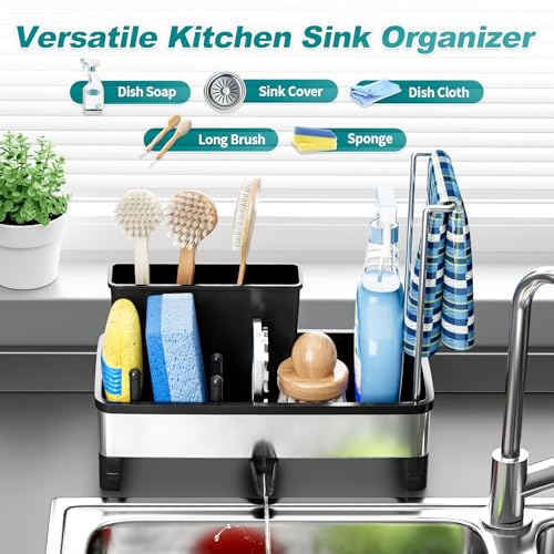 Ewaiira Stainless Steel Sink Caddy, Sponge Holder for Kitchen Sink 9.8″ - color: A-black