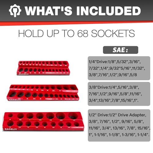 EACELIY Magnetic Socket Organizer Set,SAE Socket Holder Kit, Socket Trays，holds 68 Deep and Shallow 3/8" Sockets(sockets not included) 丨3PC 1/2",1/4" and 3/8"（Red） - size: 3PCS SAE 1/2&3/8&1/4
