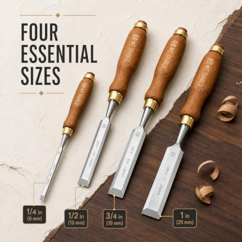Mt Diablo Woodworking Tools 4 Piece Chisel Set - Premium CV60 Steel Wood Chisel Sets with Ergonomic Handles, Includes 1/4" 1/2" 3/4" 1" Widths - Ideal for Woodworkers - Durable Waxed Canvas Tool Roll