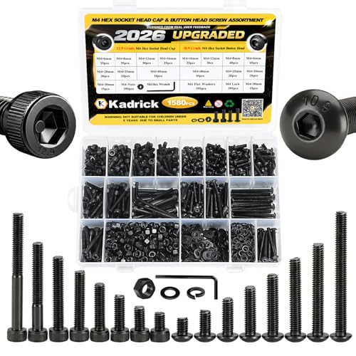 KADRICK 1580PCS M4 Screws Assortment,Hex Socket Button & Cap Head - size: M4 1580Pcs 6-40mm