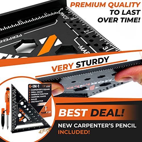 THORVALD 6-in-1 Carpenter Square 7 inch (1/16" Precision) T Square Multi-Purpose Carpenter Tools : Wrench, Square, Protractor, Ruler, Marking Gauge, Drill Gauge, Includes 2-in-1 Carpentry Pencil - color: 1 Square + 1 Pencil