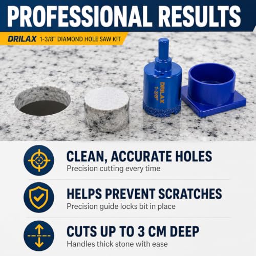 Drilax 1-3/8 inch Diamond Hole Saw Kit with Water Delivery Cup & Drill Guide, Granite Quartz Porcelain Tile Glass Drill Bit for Countertops, Faucets, Soap Dispensers & DIY Installations - size: 1-3/8 inch Cobalt