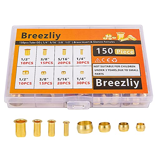 150PCS Tube OD（1/4" 5/16" 3/8" 1/2") Brass Compression Sleeves Ferrules & Insert,4 Sizes Brass Compression Fitting Assortment Kit - size: 150 pcs, 1/4", 5/16", 3/8", 1/2"