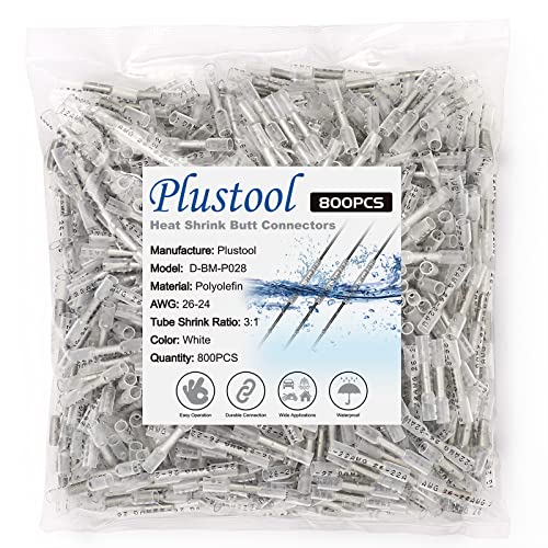 800PCS White Heat Shrink Butt Connectors AWG26-22, Plustool Marine Grade Electrical Wire Connectors, Tinned Red Copper 0.4mm, Insulated Waterproof Crimp Terminals Butt Splice for Cable,Boat,Wiring - color: White 800PCS