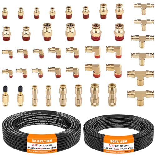 CheeMuii 43Pcs Brass DOT Air Line Fittings with 1/4" & 3/8" DOT Air Hoses - size: 2ROLL-45PCS