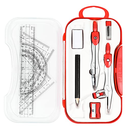 Unjoo Geometry Set 10 Pcs Student Supplies, Protractor and Compass (Red) - color: Red1