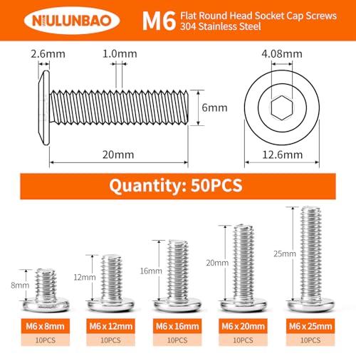 M6 x 8mm 12mm 16mm 20mm 25mm Flat Round Head Hex Socket Cap Screws Bolts, Furniture Screws, 304 Stainless Steel, Metric Fully Threaded, Allen Hex Drive, Bright Finish, Assortment Kit 50PCS - size: M6 x 8/12/16/20/25mm (50PCS)