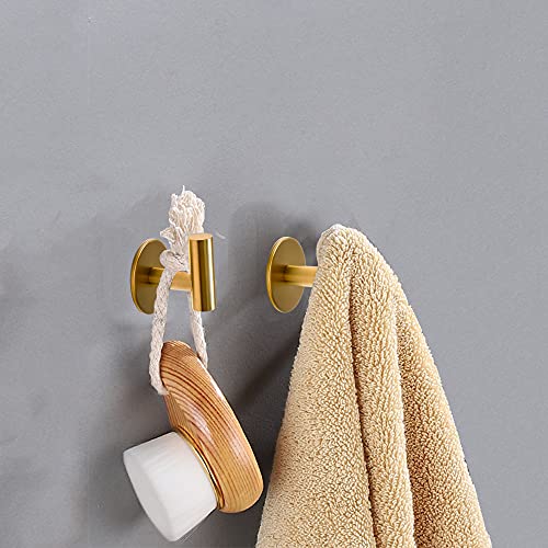 Vuzvuv Brushed Gold Self Adhesive Stainless Steel Towel Hooks (2-Pack) | SUS304, Self-Adhesive, Heavy Duty, Waterproof, Coat Robe Wall Hook for Bathrooms Kitchen Hotel - color: Gold-2 Pcs