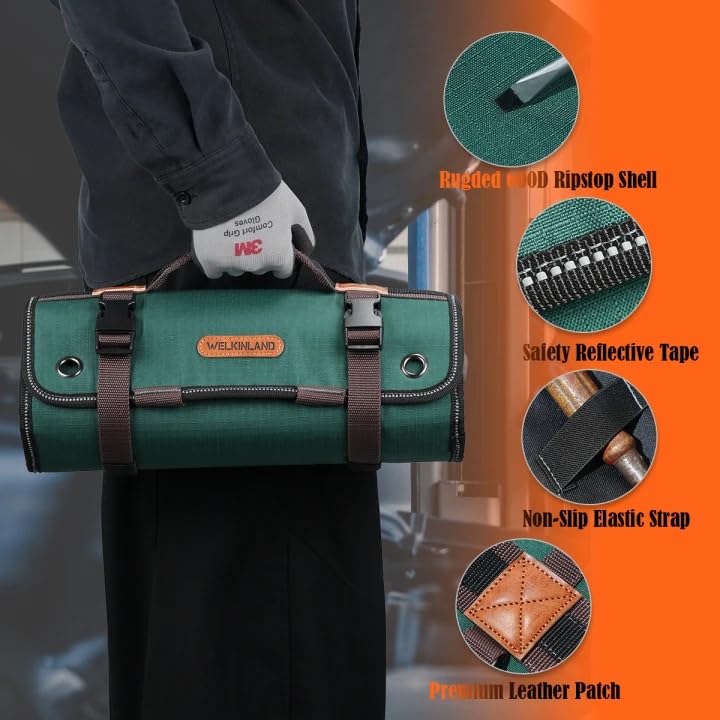 WELKINLAND 15-Pocket Tool Roll - Heavy-Duty, Green-RipStop, 15L Capacity