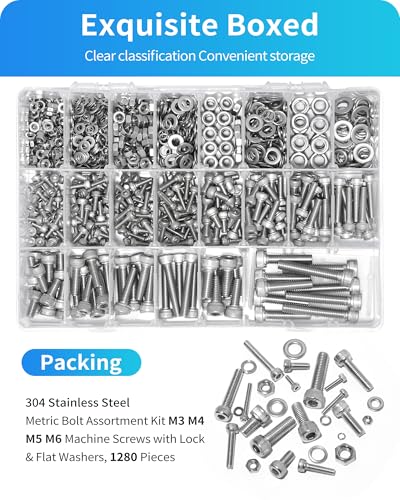 Metric Screw Assortment, 1280PCS Metric Bolt Assortment Kit M3 M4 M5 M6 Machine Screws with Lock & Flat Washers, 304 Stainless Steel Hex Socket Head Cap Screws Nuts and Bolts Kit (Silver) - size: M3M4M5M6 1280PCS (Silver)